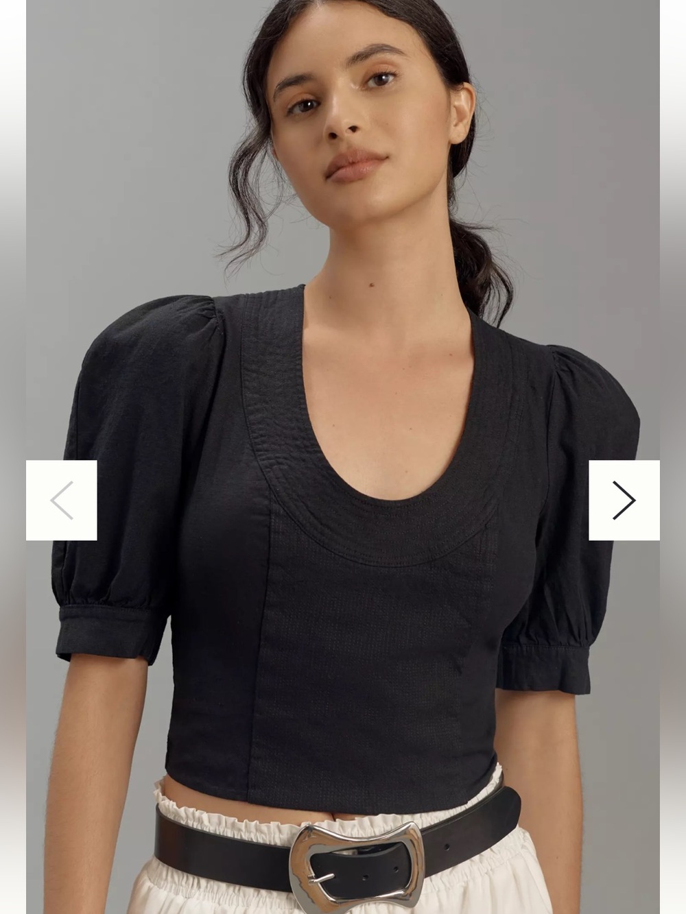 Anthropologie Puff Sleeve Scoop-Neck Linen Crop Top-Black